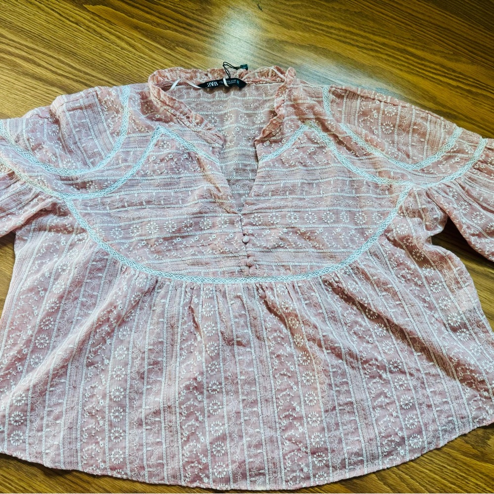 Zara old rose Pink Embroidered lace Cotton Peasant yoke Top